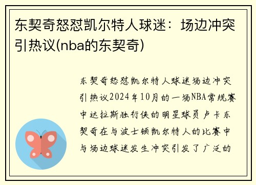 东契奇怒怼凯尔特人球迷：场边冲突引热议(nba的东契奇)