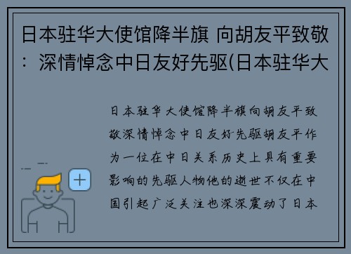 日本驻华大使馆降半旗 向胡友平致敬：深情悼念中日友好先驱(日本驻华大使 死亡)