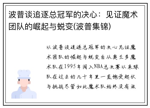 波普谈追逐总冠军的决心：见证魔术团队的崛起与蜕变(波普集锦)