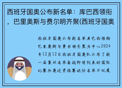 西班牙国奥公布新名单：库巴西领衔，巴里奥斯与费尔明齐聚(西班牙国奥vs巴西国奥)