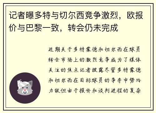 记者曝多特与切尔西竞争激烈，欧报价与巴黎一致，转会仍未完成
