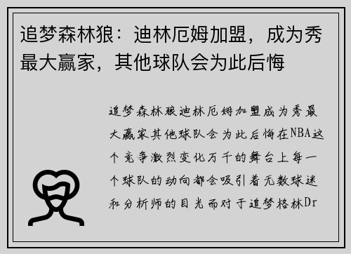 追梦森林狼：迪林厄姆加盟，成为秀最大赢家，其他球队会为此后悔